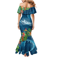 Outrigger Canoe Blue Family Matching Mermaid Dress and Hawaiian Shirt On The Waves