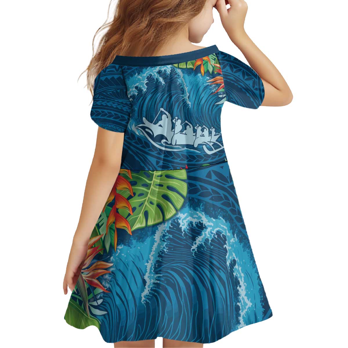 Outrigger Canoe Blue Family Matching Off Shoulder Short Dress and Hawaiian Shirt On The Waves