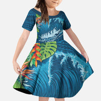 Outrigger Canoe Blue Family Matching Short Sleeve Bodycon Dress and Hawaiian Shirt On The Waves