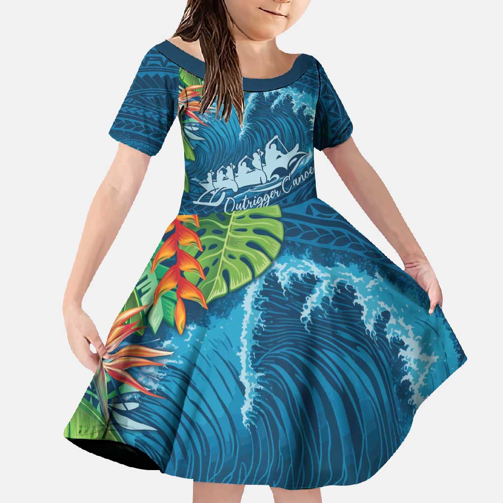 Outrigger Canoe Blue Family Matching Tank Maxi Dress and Hawaiian Shirt On The Waves LT7 Daughter's Dress Blue - Polynesian Pride