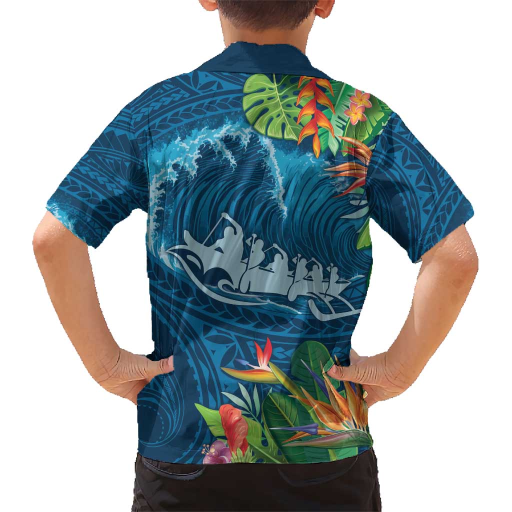 Outrigger Canoe Blue Hawaiian Shirt On The Waves