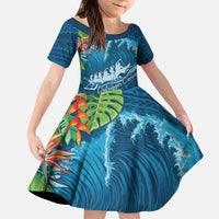 Outrigger Canoe Blue Kid Short Sleeve Dress On The Waves LT7 KID Blue - Polynesian Pride