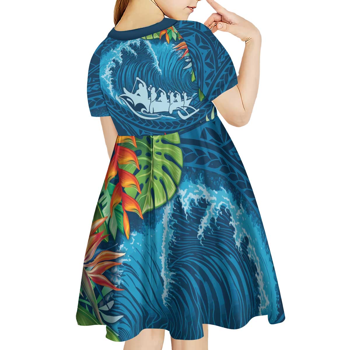 Outrigger Canoe Blue Kid Short Sleeve Dress On The Waves LT7 - Polynesian Pride