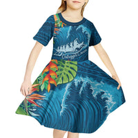 Outrigger Canoe Blue Kid Short Sleeve Dress On The Waves LT7 - Polynesian Pride