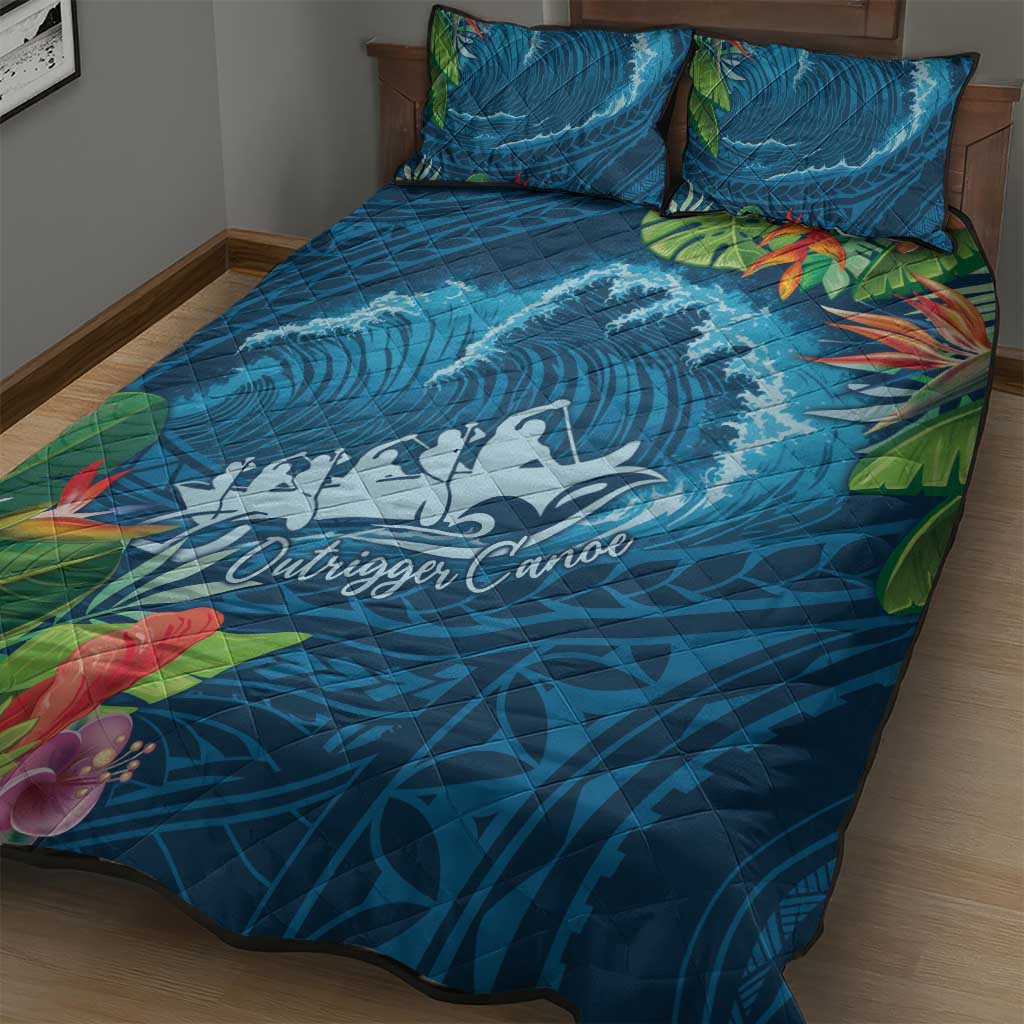 Outrigger Canoe Blue Quilt Bed Set On The Waves