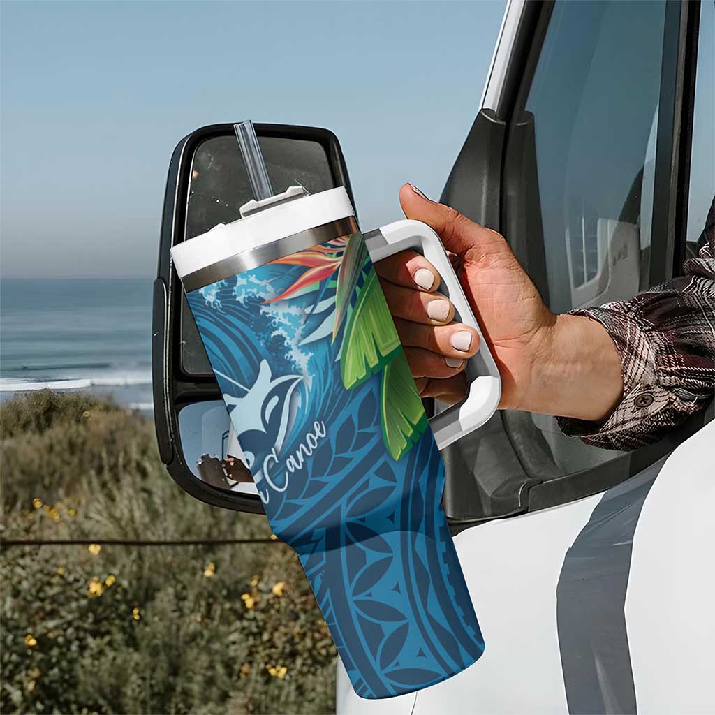 Outrigger Canoe Blue Tumbler With Handle On The Waves