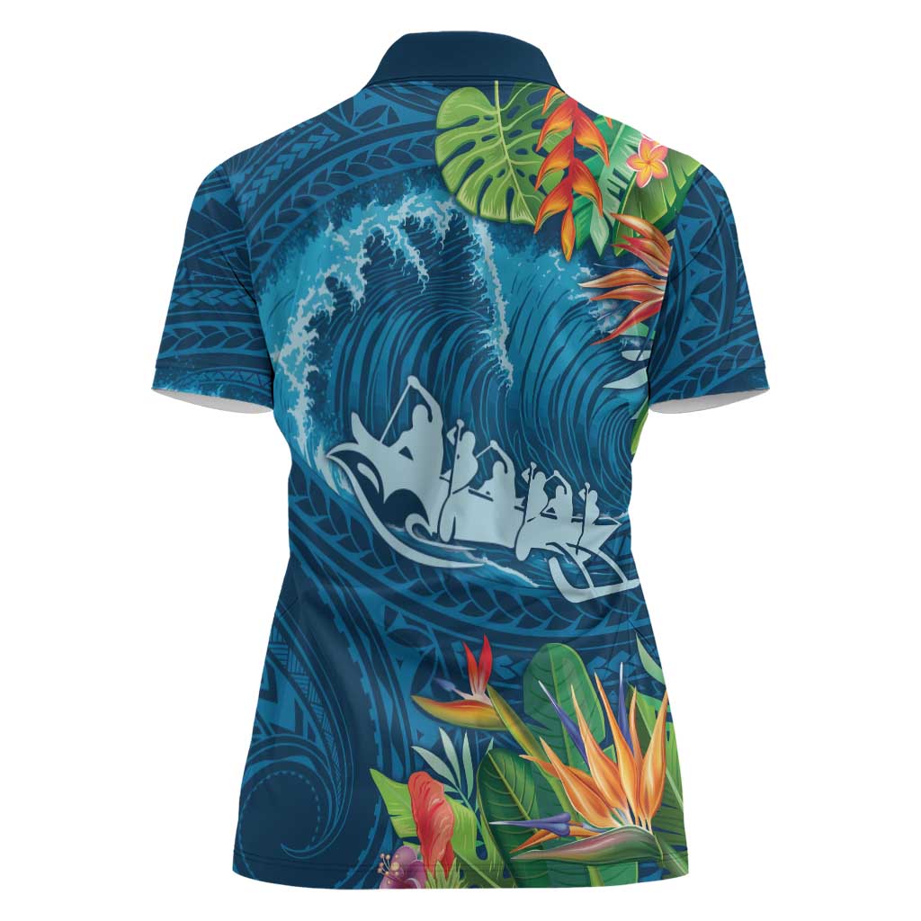 Outrigger Canoe Blue Women Polo Shirt On The Waves LT7 - Polynesian Pride