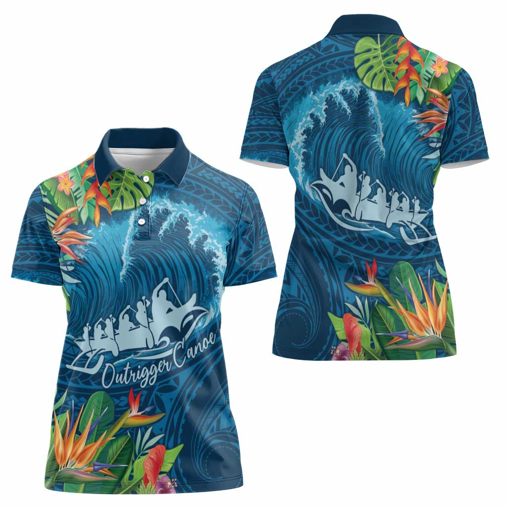 Outrigger Canoe Blue Women Polo Shirt On The Waves LT7 - Polynesian Pride