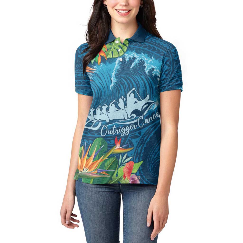 Outrigger Canoe Blue Women Polo Shirt On The Waves LT7 - Polynesian Pride