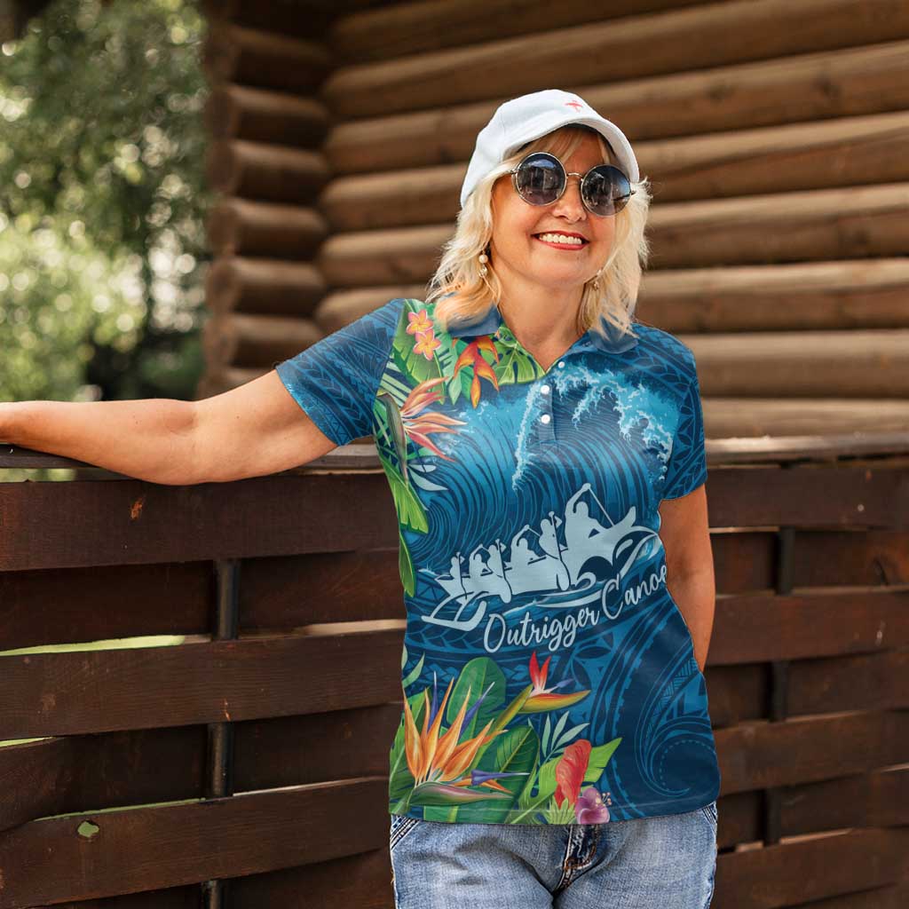 Outrigger Canoe Blue Women Polo Shirt On The Waves LT7 - Polynesian Pride