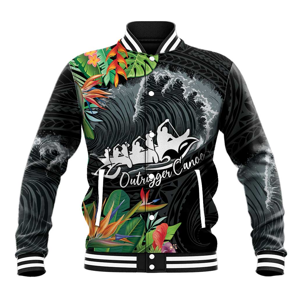 Outrigger Canoe Black Baseball Jacket On The Waves