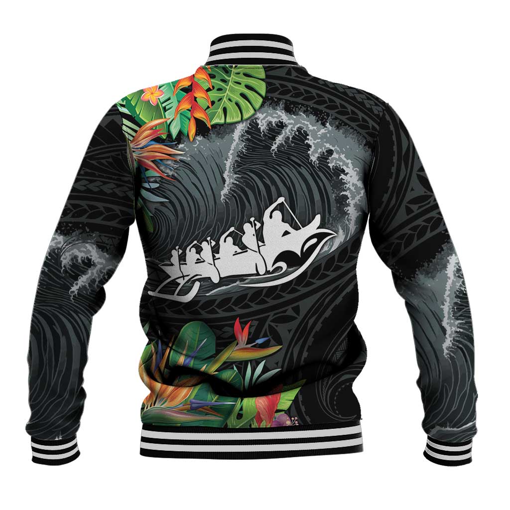 Outrigger Canoe Black Baseball Jacket On The Waves