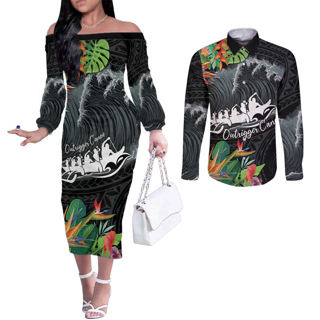 Outrigger Canoe Black Couples Matching Off The Shoulder Long Sleeve Dress and Long Sleeve Button Shirt On The Waves LT7 Black - Polynesian Pride