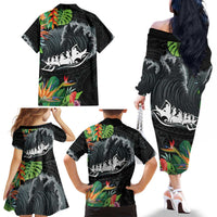 Outrigger Canoe Black Family Matching Off The Shoulder Long Sleeve Dress and Hawaiian Shirt On The Waves