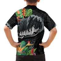 Outrigger Canoe Black Family Matching Off Shoulder Maxi Dress and Hawaiian Shirt On The Waves