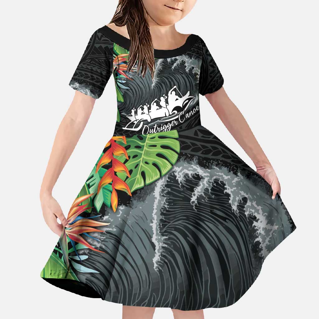 Outrigger Canoe Black Family Matching Off Shoulder Maxi Dress and Hawaiian Shirt On The Waves