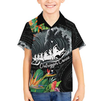 Outrigger Canoe Black Family Matching Off Shoulder Maxi Dress and Hawaiian Shirt On The Waves