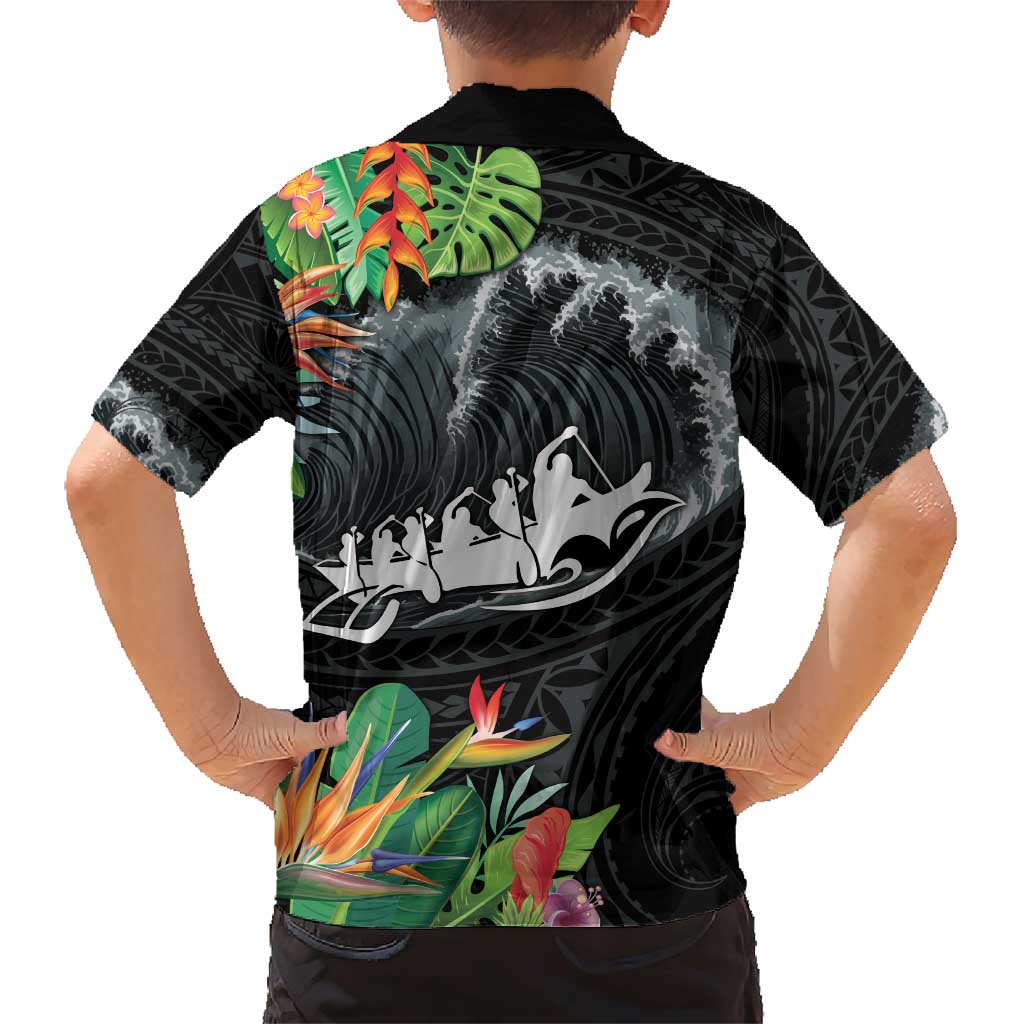 Outrigger Canoe Black Family Matching Short Sleeve Bodycon Dress and Hawaiian Shirt On The Waves