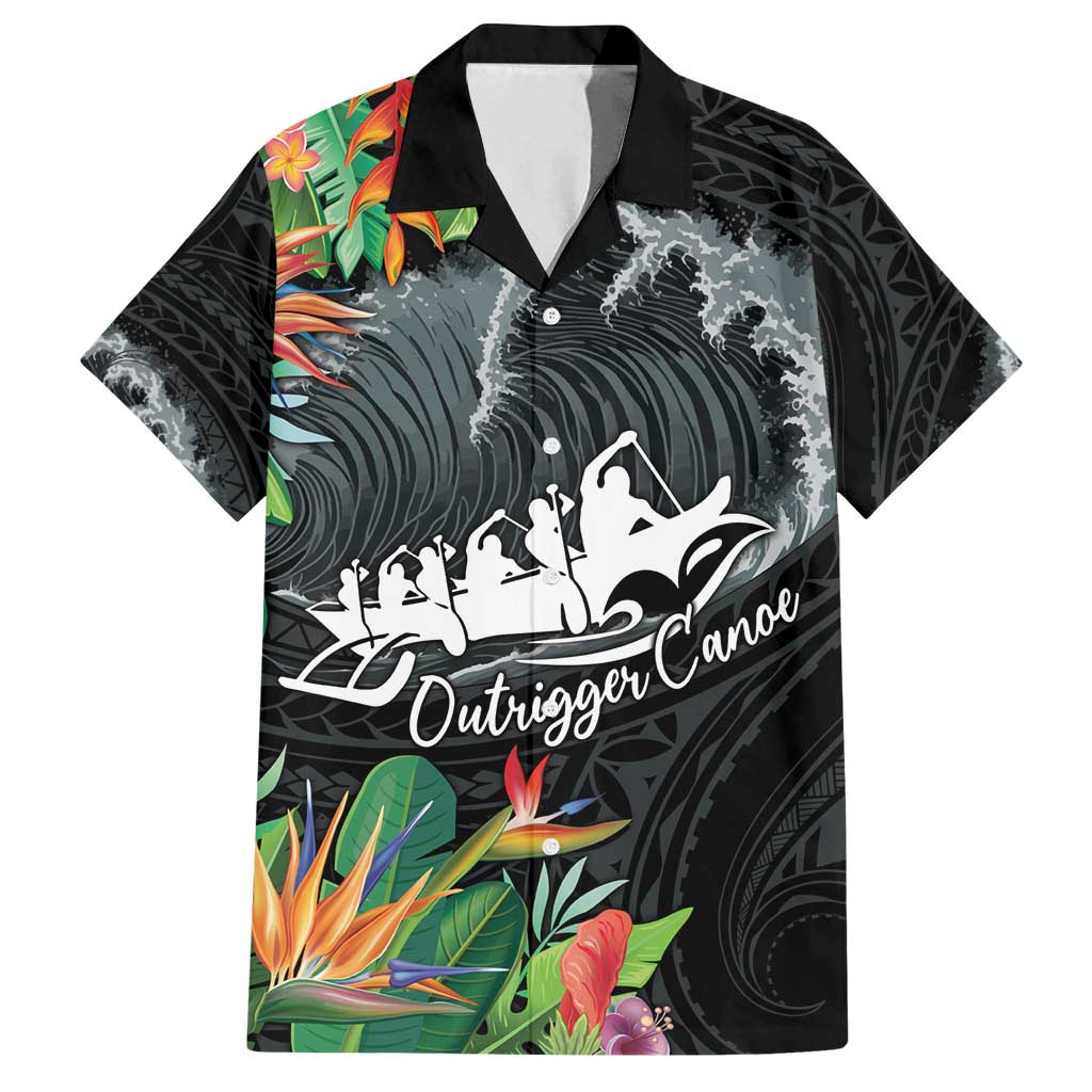 Outrigger Canoe Black Family Matching Summer Maxi Dress and Hawaiian Shirt On The Waves LT7 Dad's Shirt - Short Sleeve Black - Polynesian Pride
