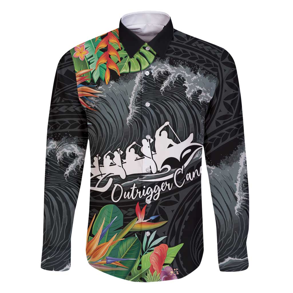 Outrigger Canoe Black Family Matching Summer Maxi Dress and Hawaiian Shirt On The Waves LT7 Dad's Shirt - Long Sleeve Black - Polynesian Pride