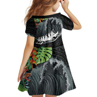 Outrigger Canoe Black Kid Short Sleeve Dress On The Waves LT7 - Polynesian Pride