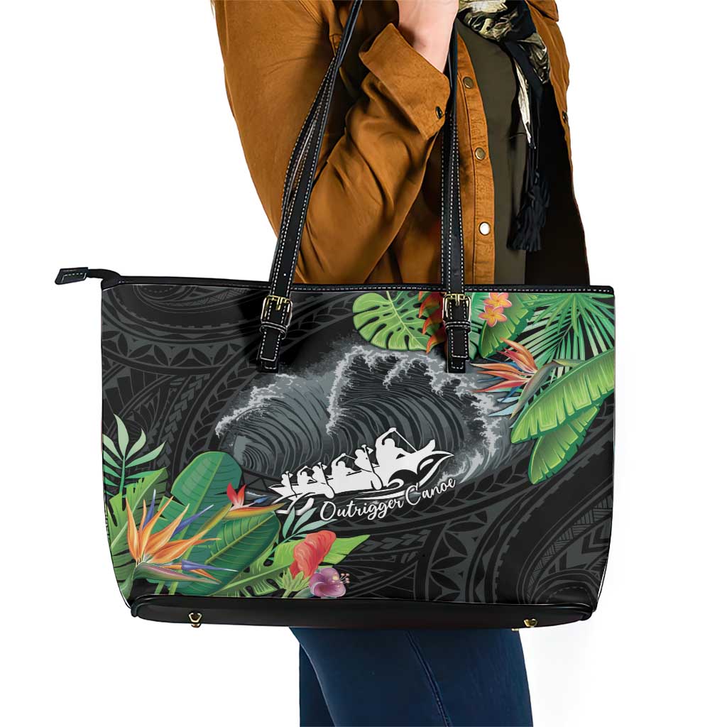 Outrigger Canoe Black Leather Tote Bag On The Waves