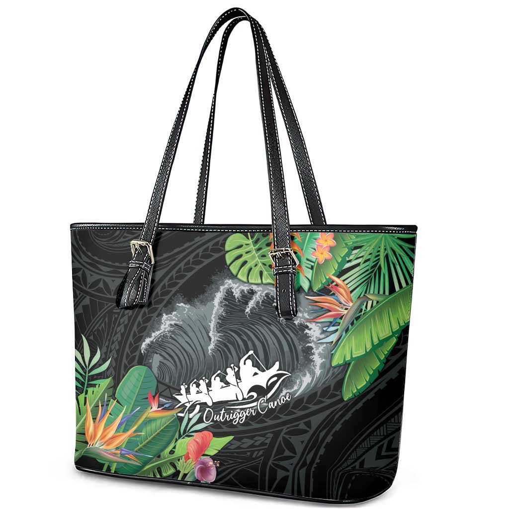 Outrigger Canoe Black Leather Tote Bag On The Waves