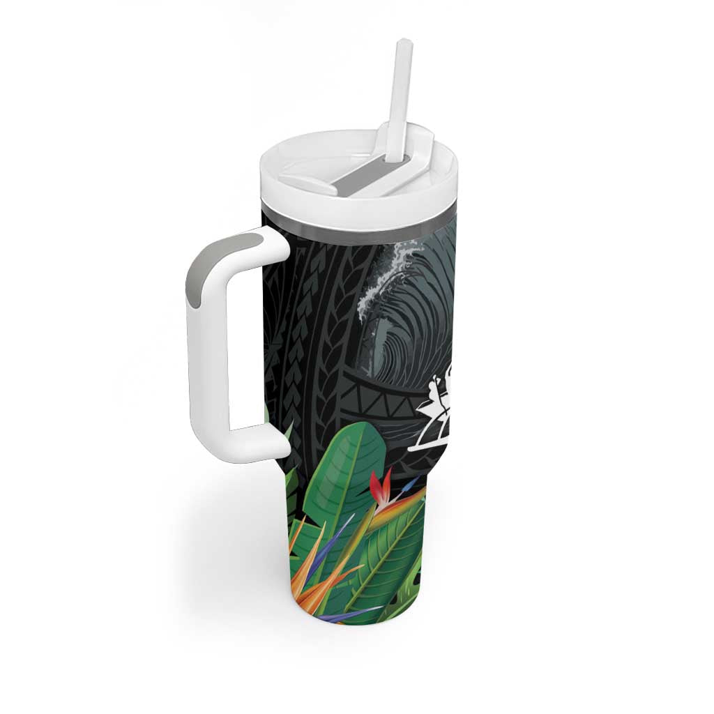 Outrigger Canoe Black Tumbler With Handle On The Waves