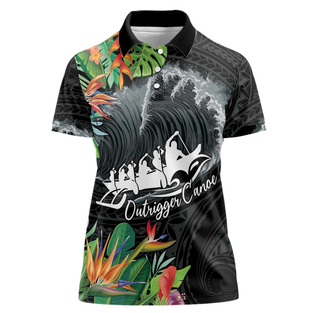 Outrigger Canoe Black Women Polo Shirt On The Waves LT7 Female Black - Polynesian Pride