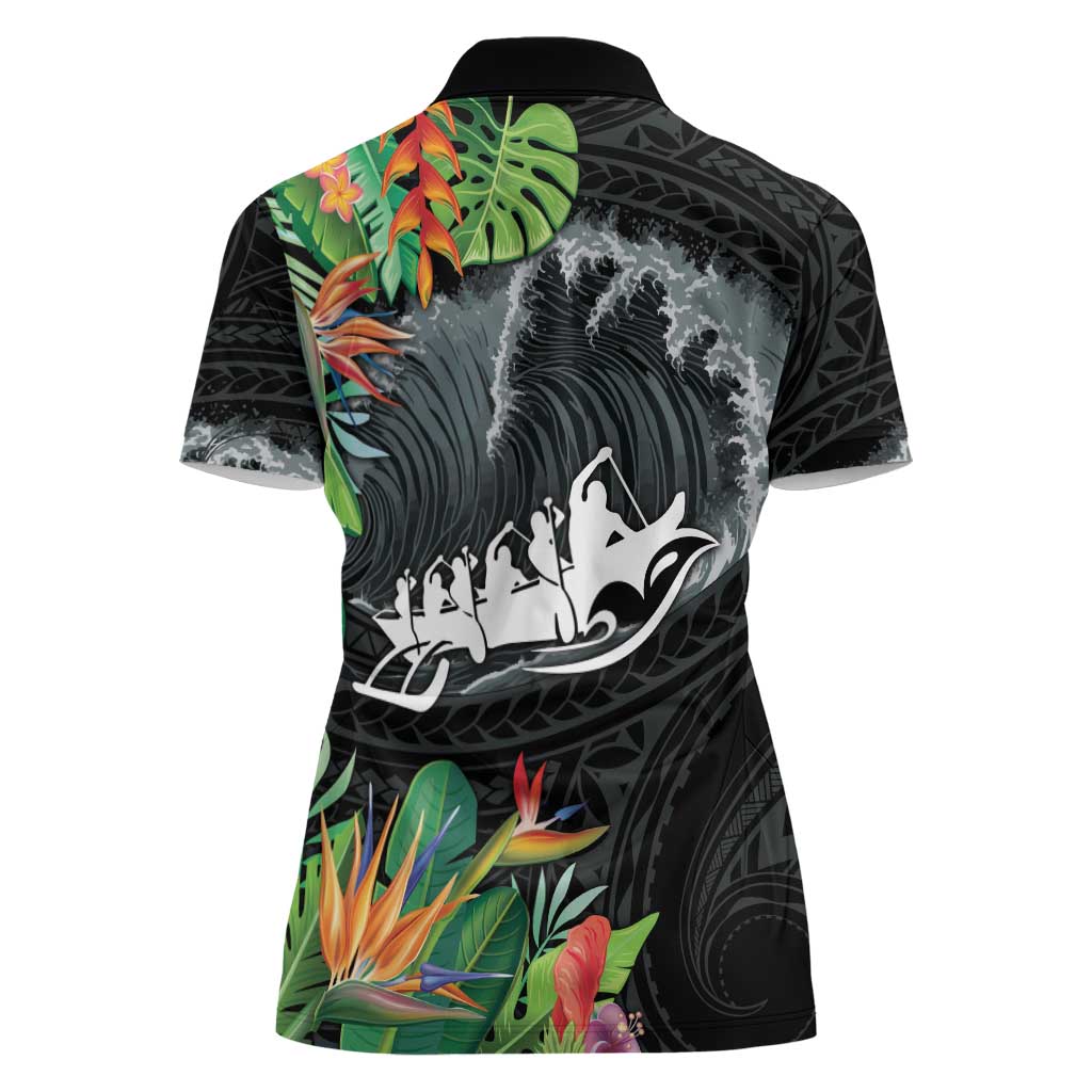 Outrigger Canoe Black Women Polo Shirt On The Waves LT7 - Polynesian Pride