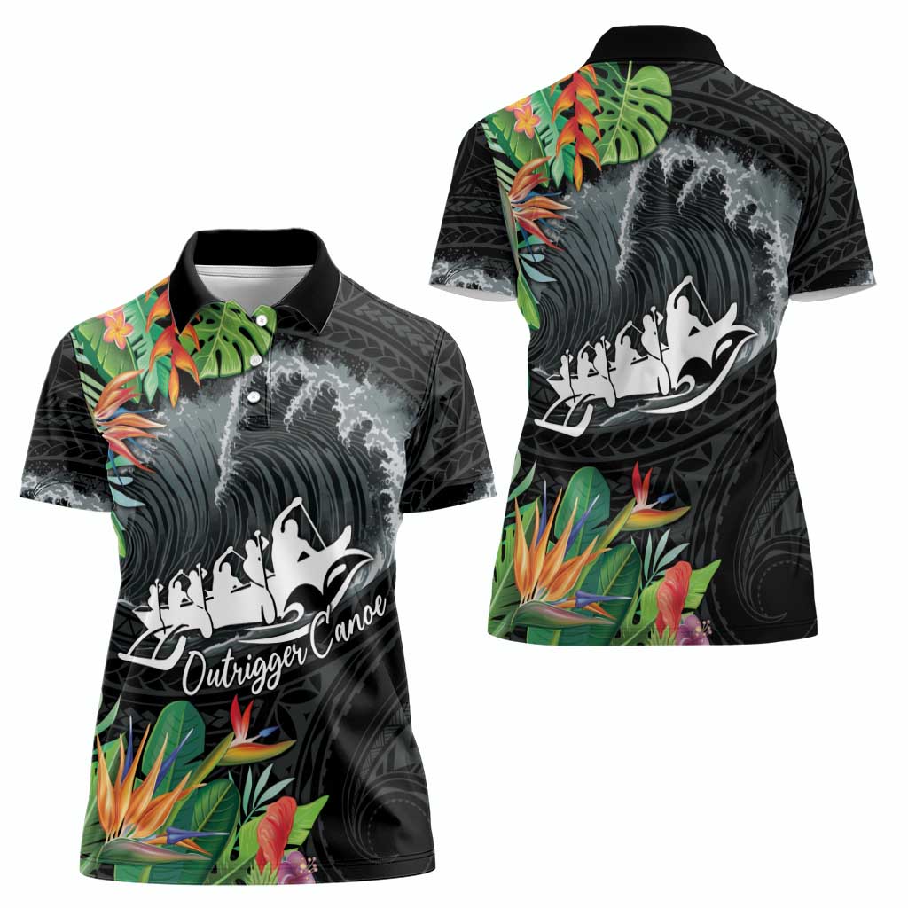 Outrigger Canoe Black Women Polo Shirt On The Waves LT7 - Polynesian Pride