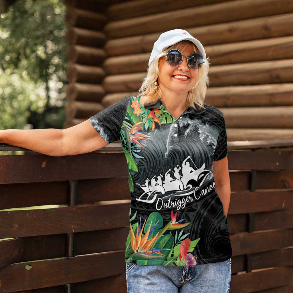 Outrigger Canoe Black Women Polo Shirt On The Waves LT7 - Polynesian Pride
