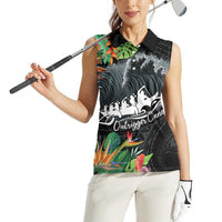 Outrigger Canoe Black Women Sleeveless Polo Shirt On The Waves LT7 - Polynesian Pride