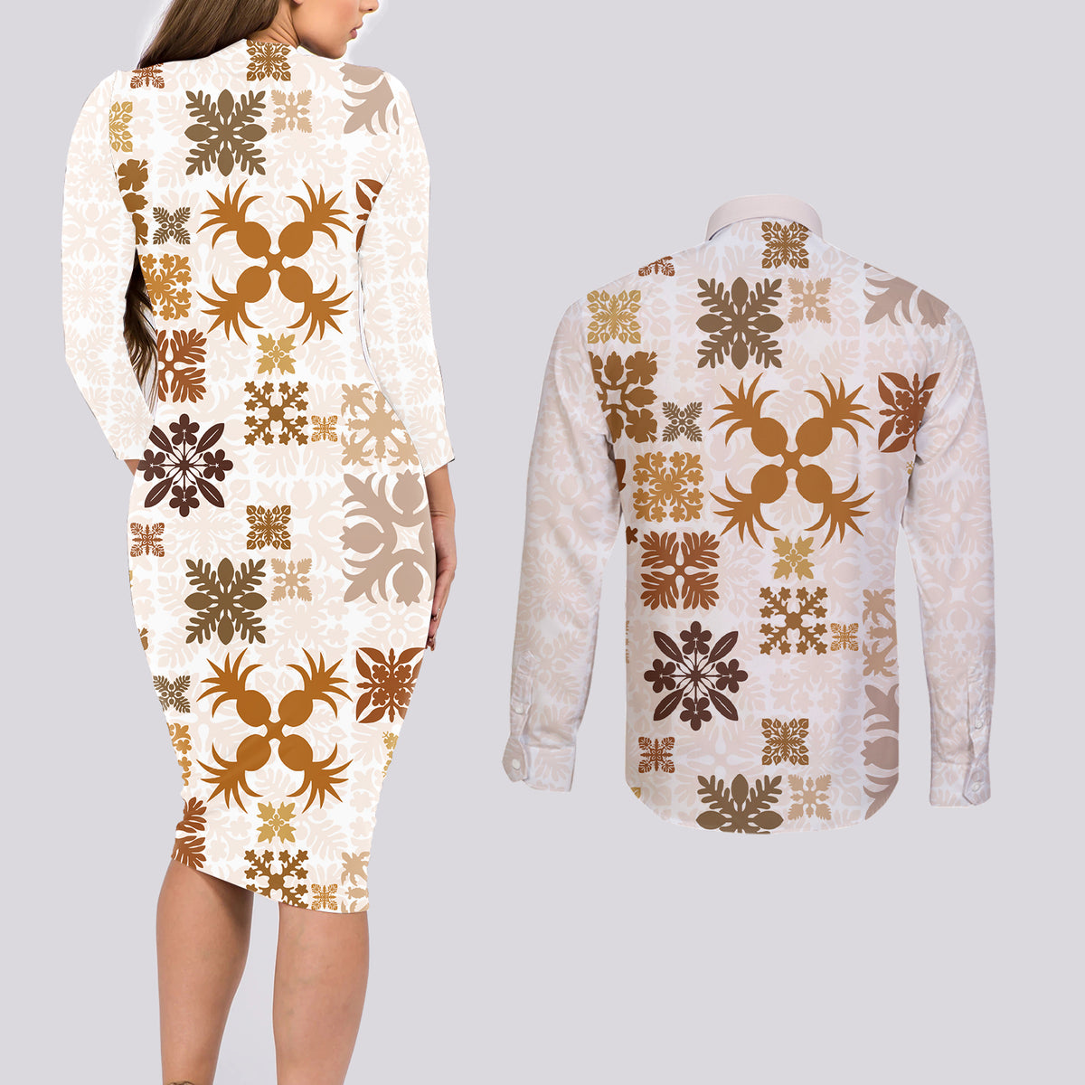 Vintage Hawaii Couples Matching Long Sleeve Bodycon Dress and Long Sleeve Button Shirts Hawaiian Quilt Kapa Mismatch Beige LT7 - Polynesian Pride
