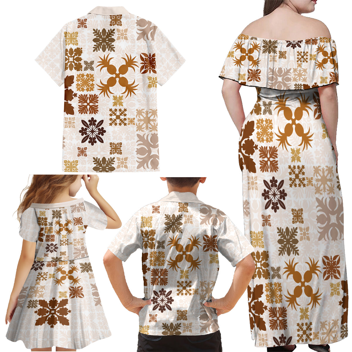 Vintage Hawaii Family Matching Off Shoulder Maxi Dress and Hawaiian Shirt Hawaiian Quilt Kapa Mismatch Beige LT7 - Polynesian Pride