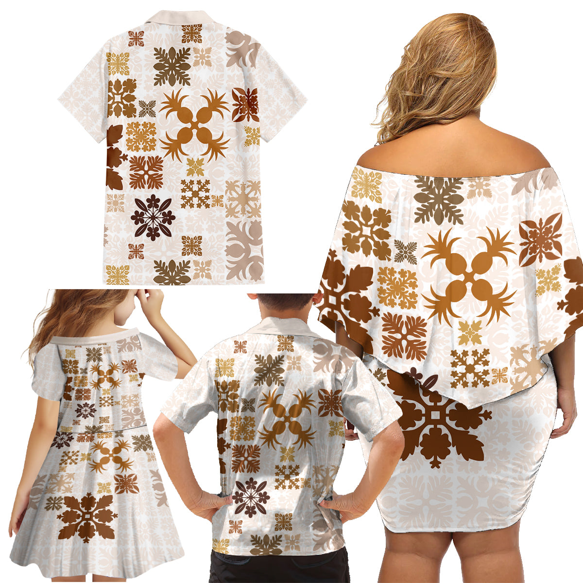 Vintage Hawaii Family Matching Off Shoulder Short Dress and Hawaiian Shirt Hawaiian Quilt Kapa Mismatch Beige LT7 - Polynesian Pride