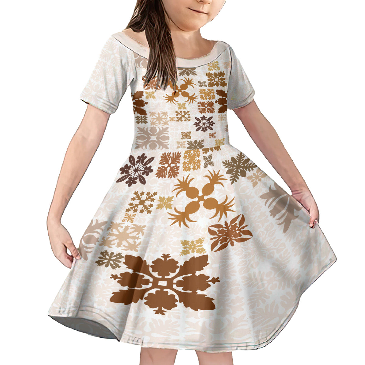 Vintage Hawaii Family Matching Summer Maxi Dress and Hawaiian Shirt Hawaiian Quilt Kapa Mismatch Beige LT7 Daughter's Dress Beige - Polynesian Pride