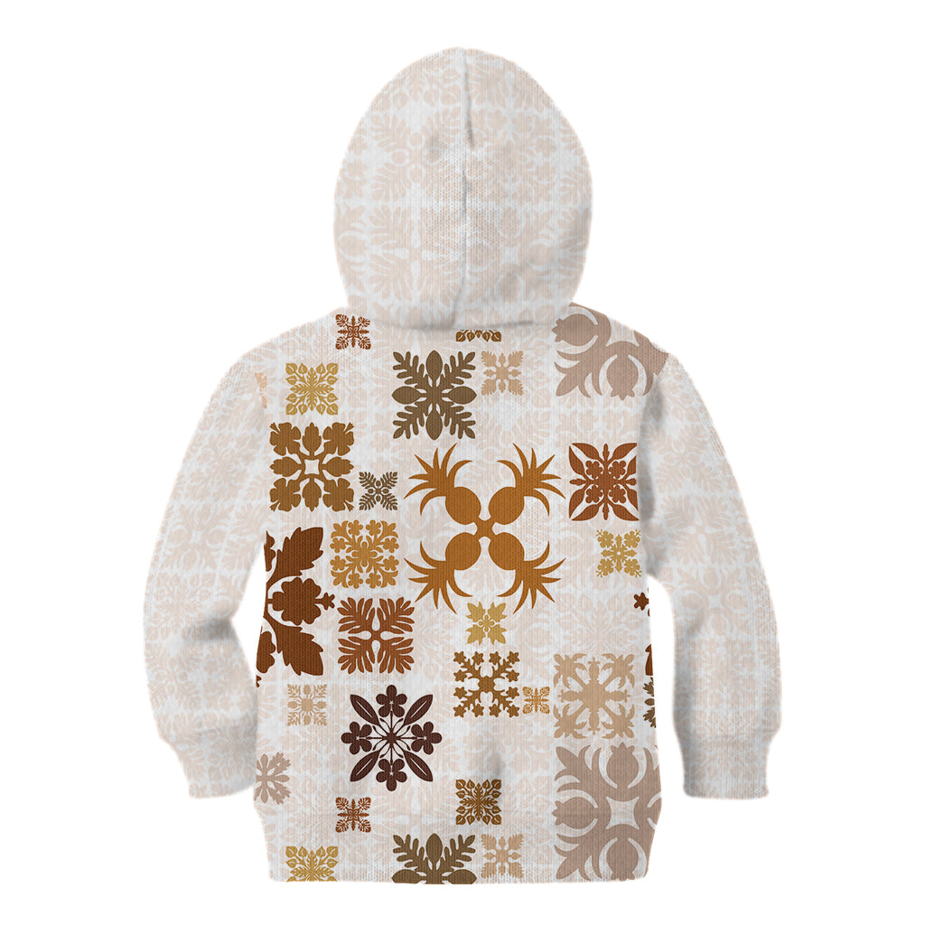 Vintage Hawaii Kid Hoodie Hawaiian Quilt Kapa Mismatch Beige LT7 - Polynesian Pride