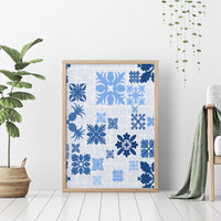 Vintage Hawaii Canvas Wall Art Hawaiian Quilt Kapa Mismatch Blue LT7 - Polynesian Pride