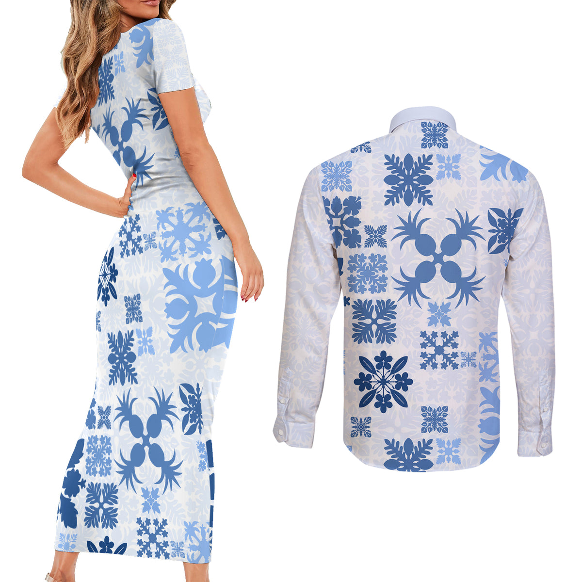 Vintage Hawaii Couples Matching Short Sleeve Bodycon Dress and Long Sleeve Button Shirts Hawaiian Quilt Kapa Mismatch Blue LT7 - Polynesian Pride