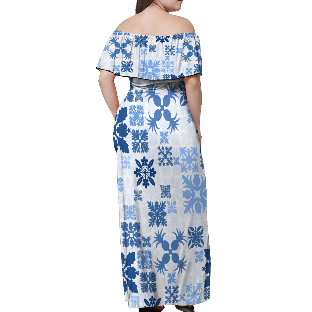 Vintage Hawaii Off Shoulder Maxi Dress Hawaiian Quilt Kapa Mismatch Blue LT7 - Polynesian Pride