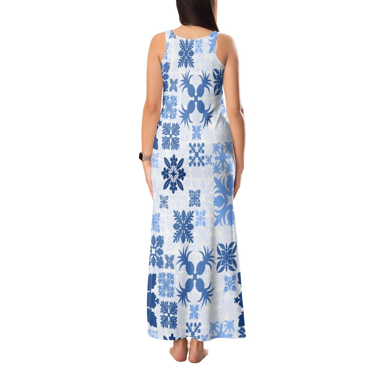 Vintage Hawaii Tank Maxi Dress Hawaiian Quilt Kapa Mismatch Blue LT7 - Polynesian Pride