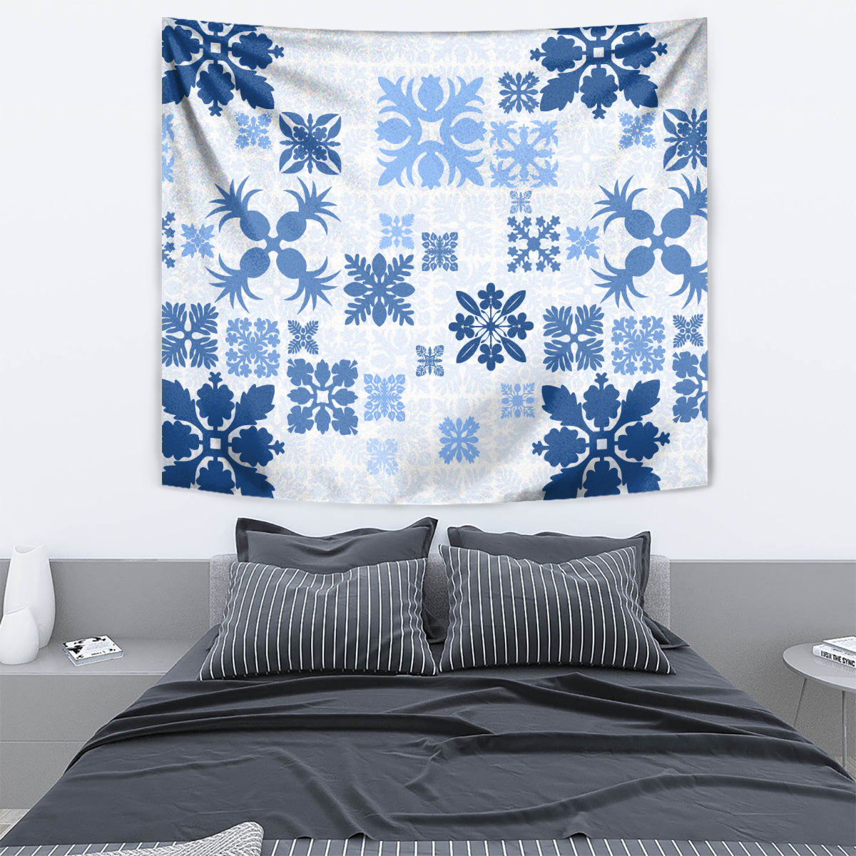 Vintage Hawaii Tapestry Hawaiian Quilt Kapa Mismatch Blue LT7 - Polynesian Pride