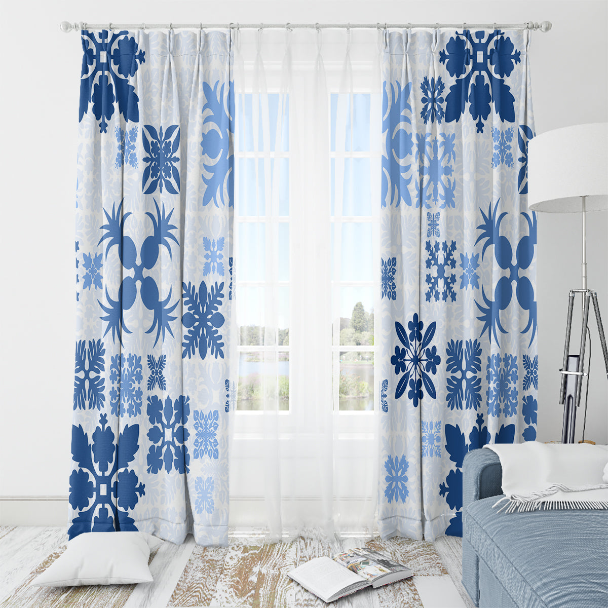 Vintage Hawaii Window Curtain Hawaiian Quilt Kapa Mismatch Blue LT7 - Polynesian Pride