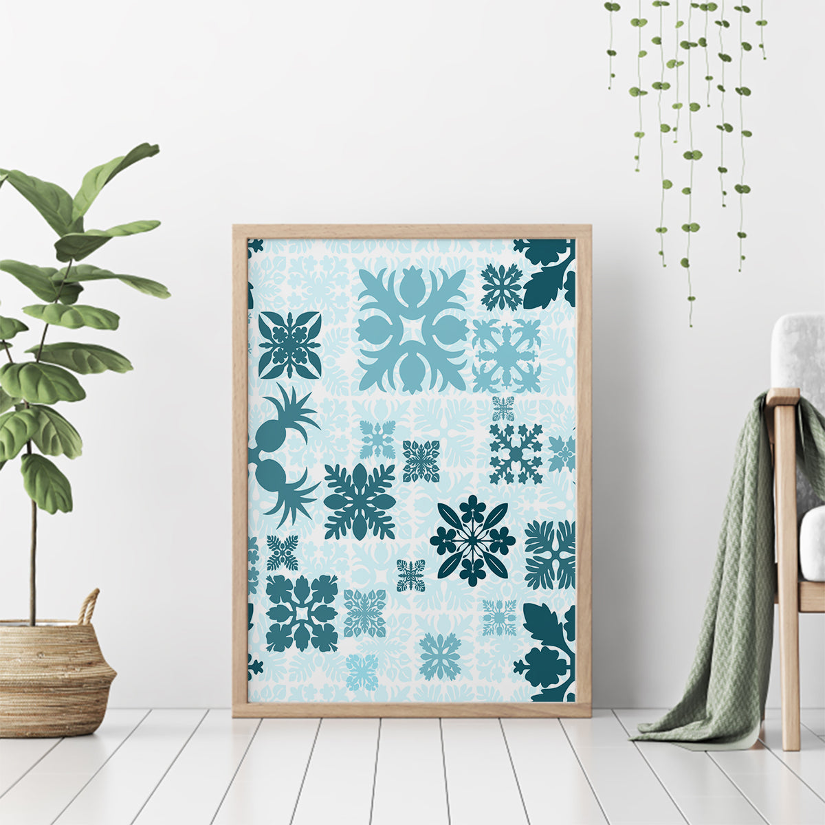 Vintage Hawaii Canvas Wall Art Hawaiian Quilt Kapa Mismatch Teal LT7 - Polynesian Pride