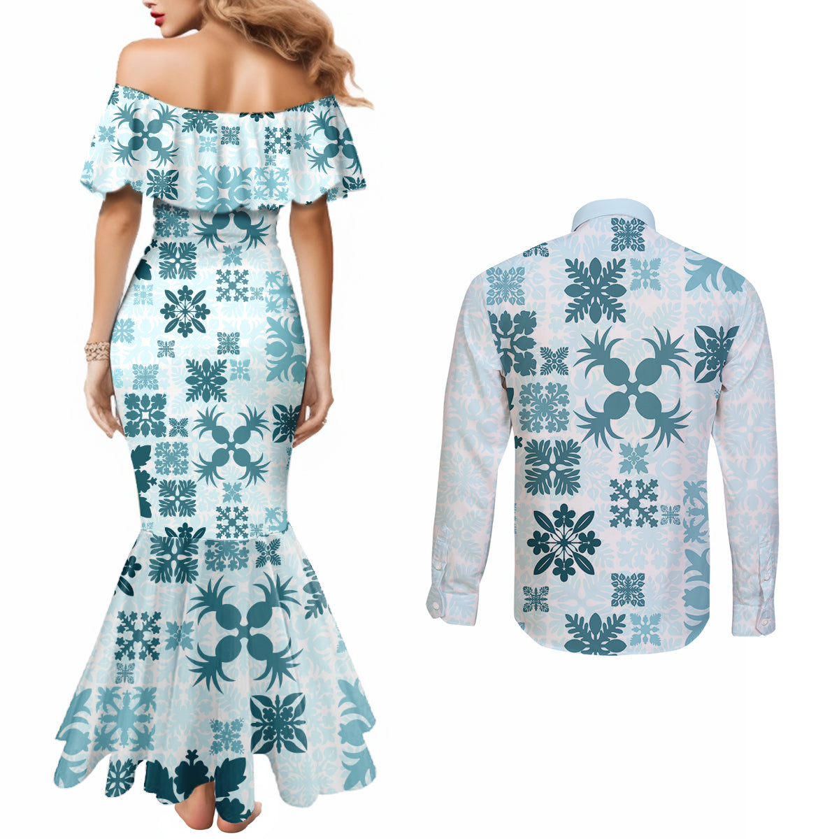 Vintage Hawaii Couples Matching Mermaid Dress and Long Sleeve Button Shirts Hawaiian Quilt Kapa Mismatch Teal LT7 - Polynesian Pride