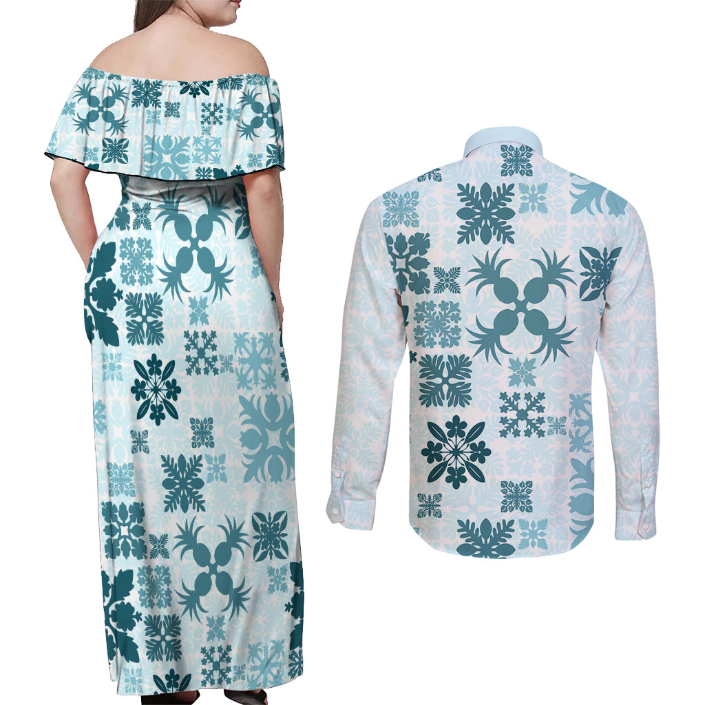 Vintage Hawaii Couples Matching Off Shoulder Maxi Dress and Long Sleeve Button Shirts Hawaiian Quilt Kapa Mismatch Teal LT7 - Polynesian Pride
