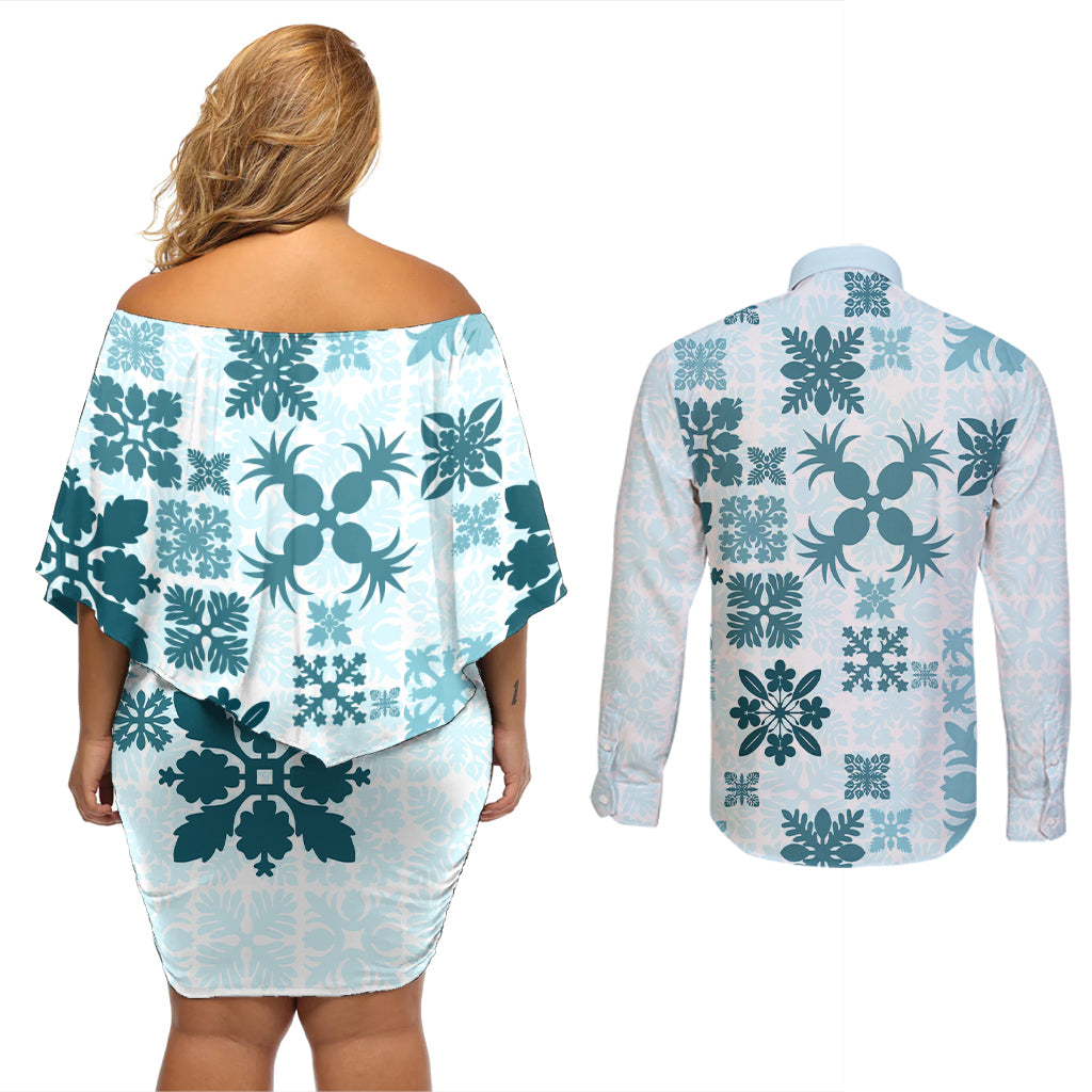 Vintage Hawaii Couples Matching Off Shoulder Short Dress and Long Sleeve Button Shirts Hawaiian Quilt Kapa Mismatch Teal LT7 - Polynesian Pride