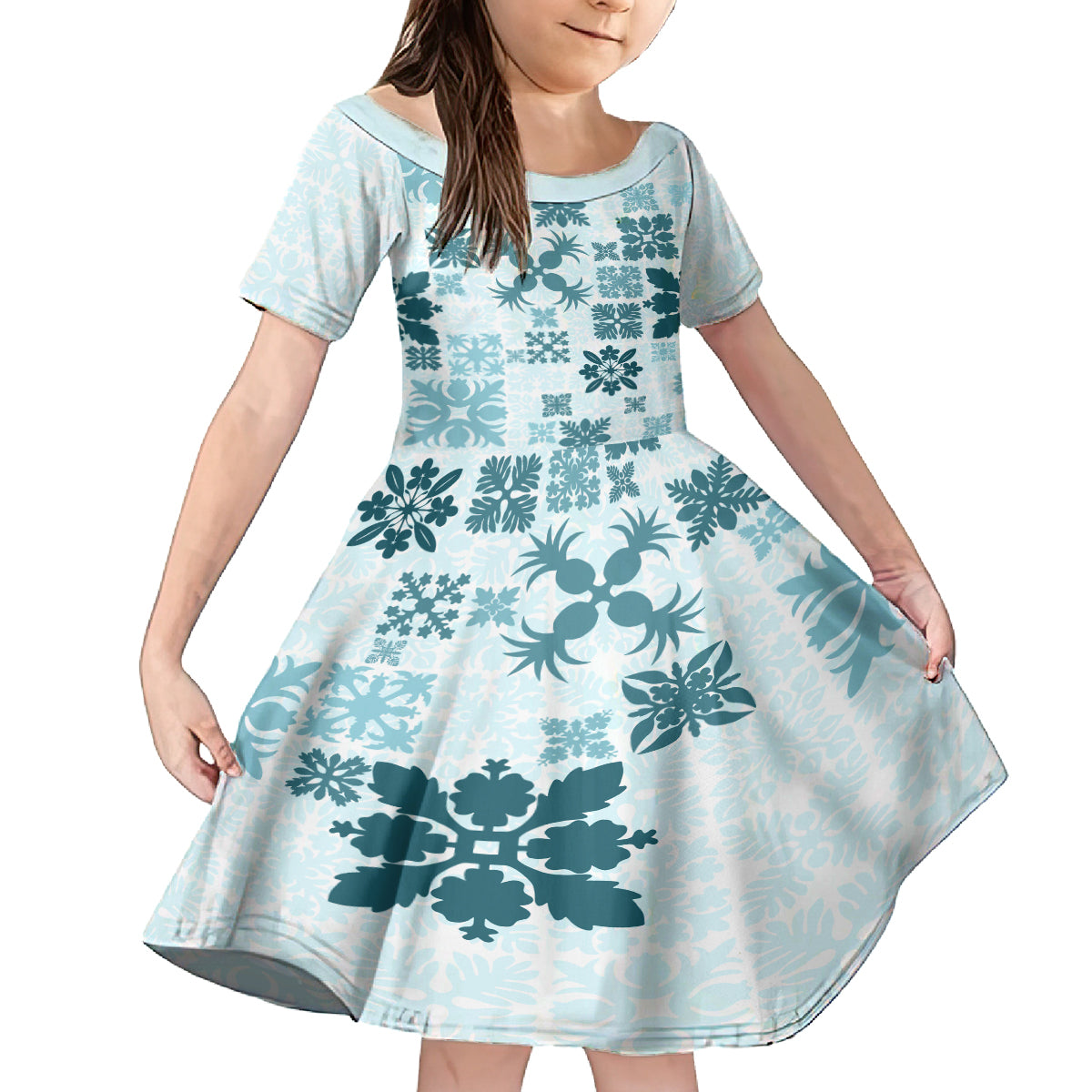 Vintage Hawaii Family Matching Off Shoulder Long Sleeve Dress and Hawaiian Shirt Hawaiian Quilt Kapa Mismatch Teal LT7 Daughter's Dress Teal - Polynesian Pride