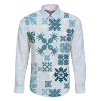 Vintage Hawaii Family Matching Off Shoulder Maxi Dress and Hawaiian Shirt Hawaiian Quilt Kapa Mismatch Teal LT7 Dad's Shirt - Long Sleeve Teal - Polynesian Pride